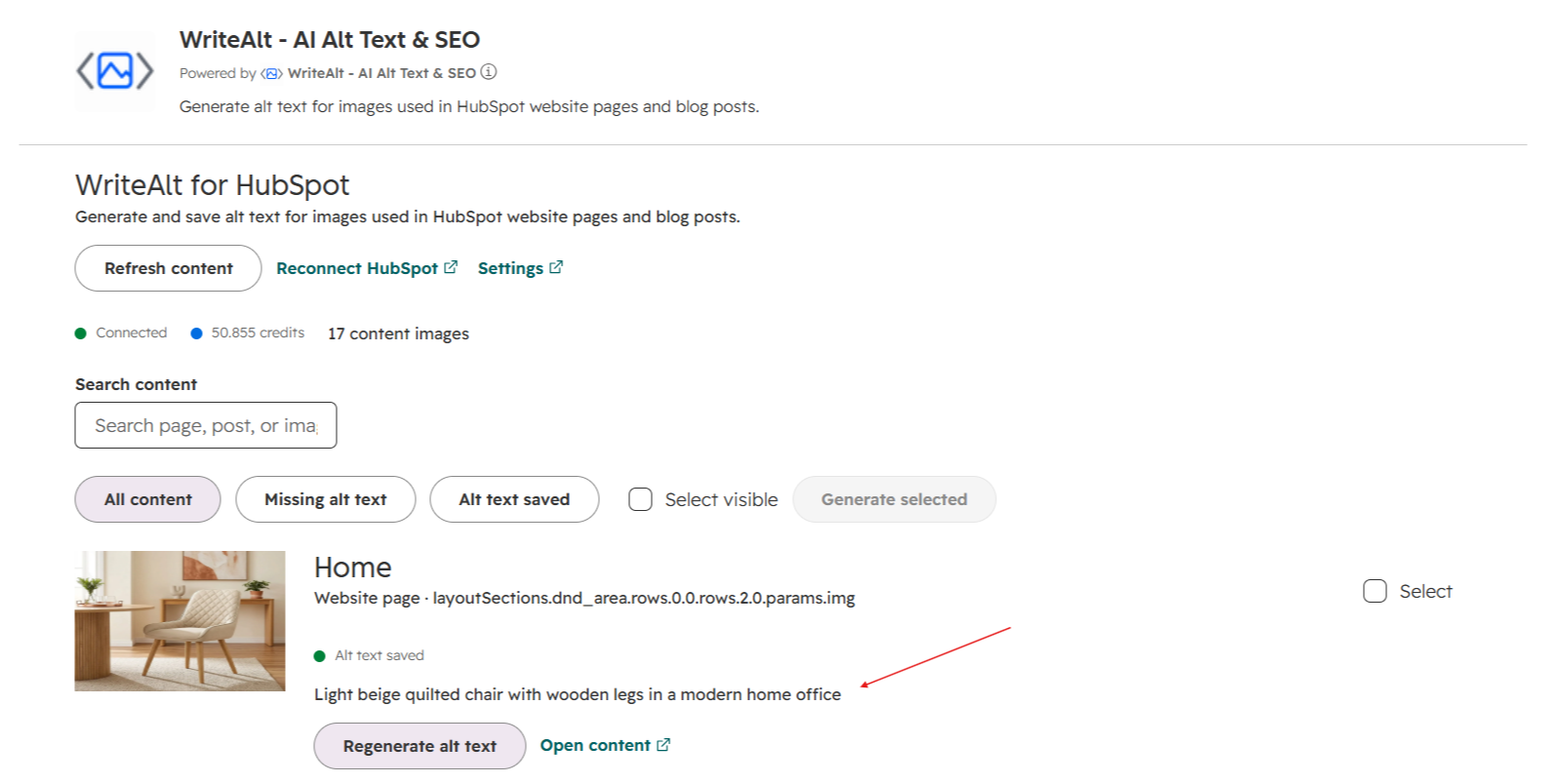 writealt dashboard showing generate alt text showcase