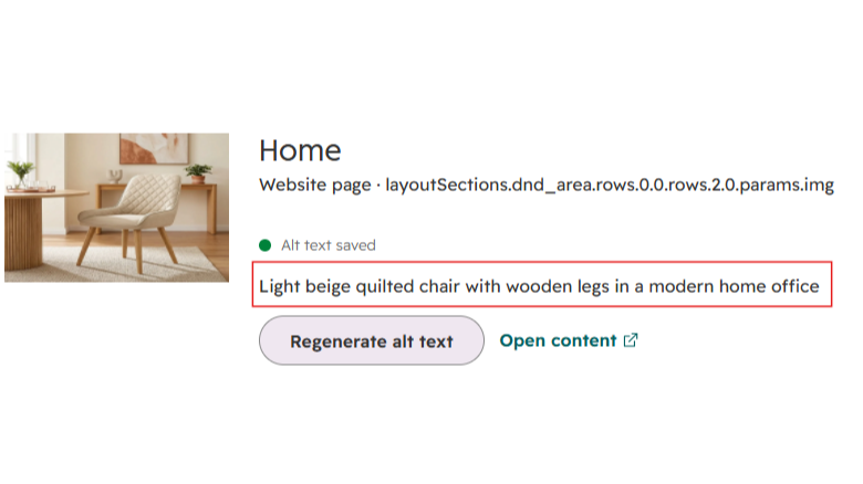 dashboard showing generated alt text for a chair